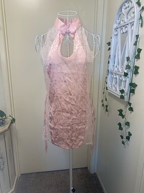 Pink Lace Halter Chemise with Floral Accents